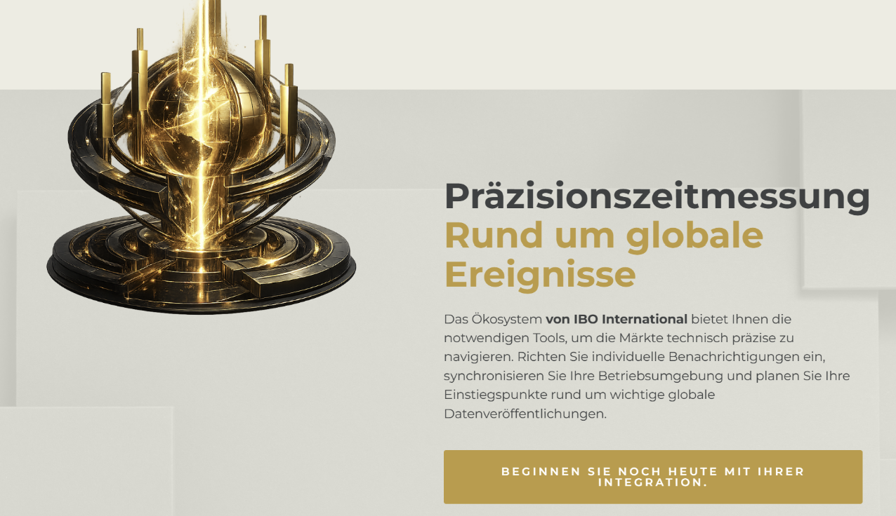 IBO International Plattform mit Handelskategorien und Benutzeroberfläche